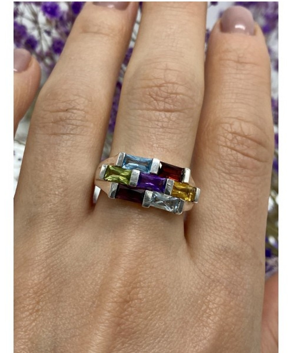 925 Sterling Silver Multi Gemstones Ring Size 11